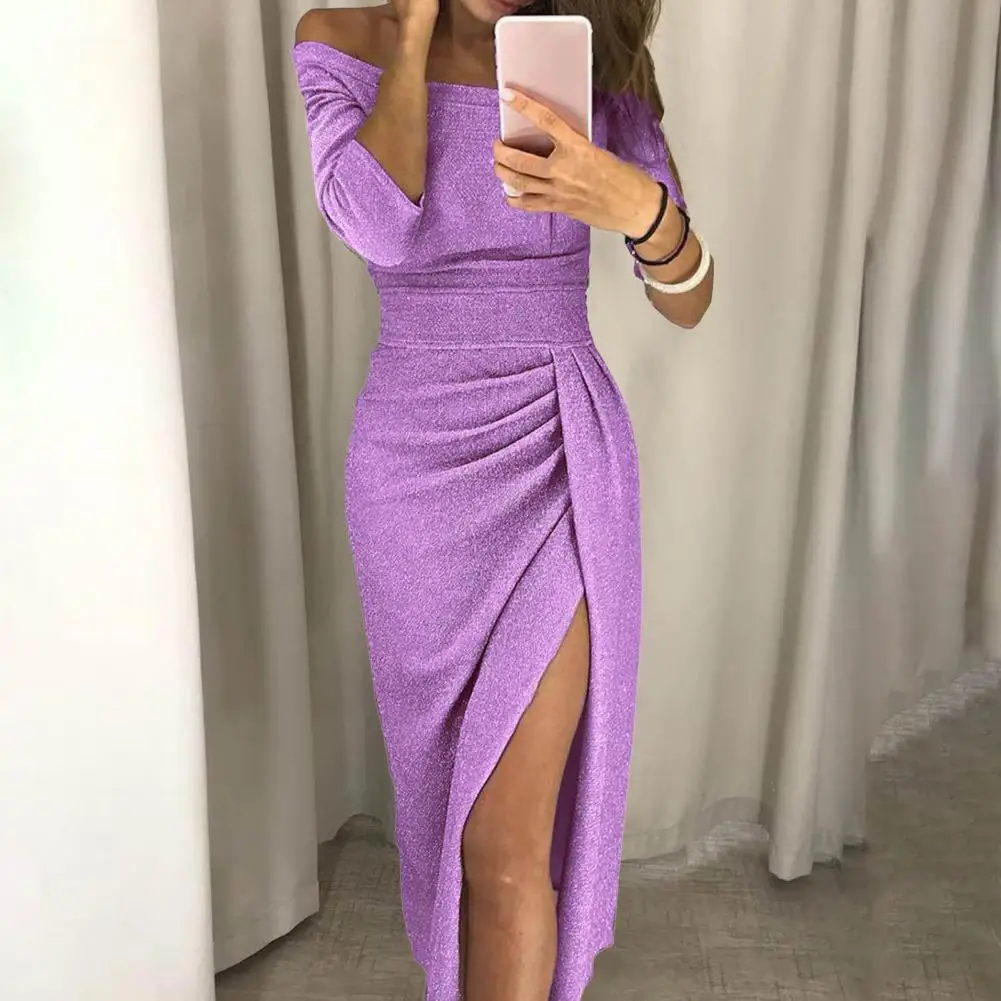 

Lady Dress Luxury Solid Color Tight Waist Party Dress Sexy Off Shoulder Glitter Ruched Thigh Slit Sheath For Dating