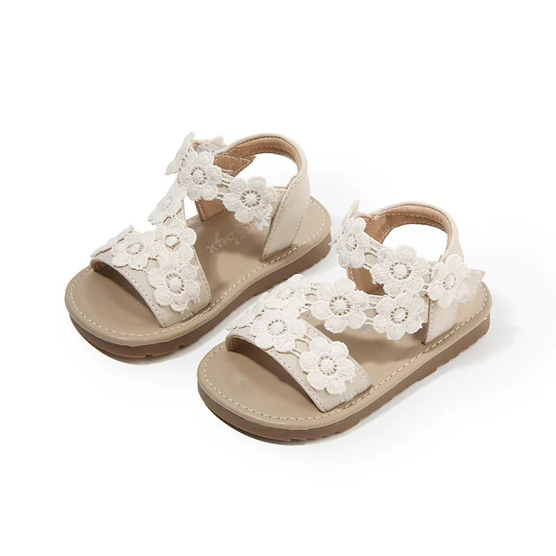 2025 New Sandals for girls Cute Knitting Flower Toddler Girl Shoes For Summer Beige Brown Soft Sole Baby Beach	Walkers Shoe