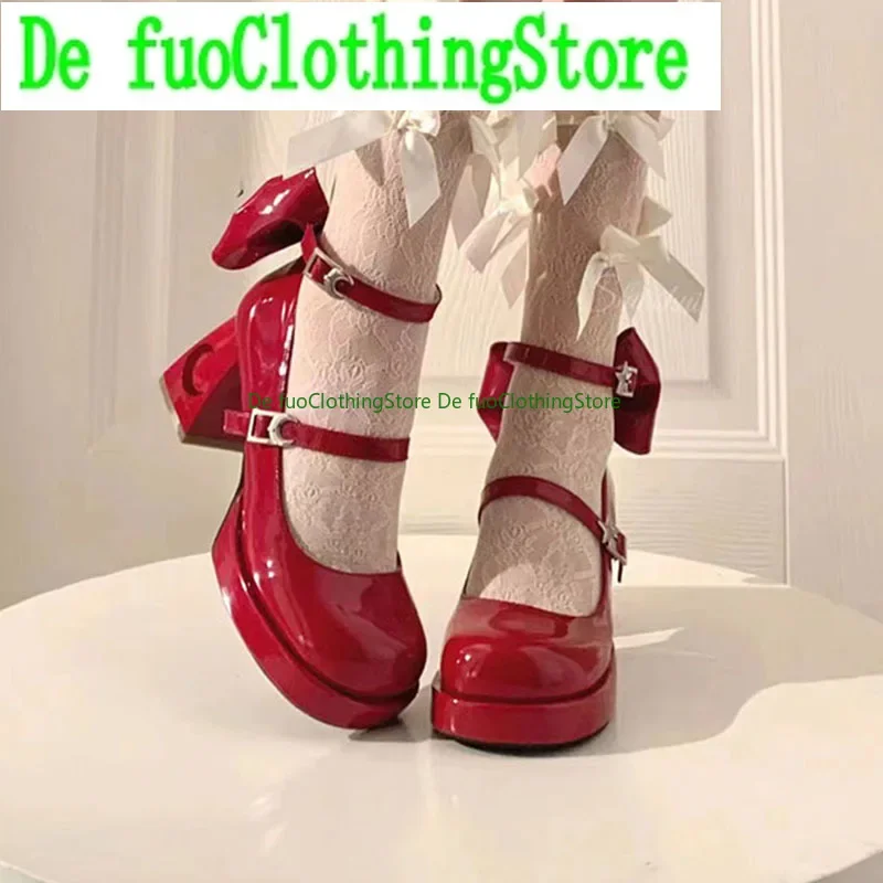 DefuoClothing ثقافة فرعية الساخن الفتاة الشرير نمط عالية الكعب لوليتا أحذية الحلو BowWomenVersatile كعب مربع أحذية من الجلد