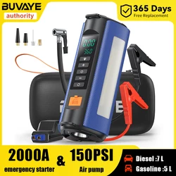 BUVAYE Professional Car Battery Starter Power Bank 2000A Jump Starter Portable 12V Car Battery Booster with 150PSI Air Pump