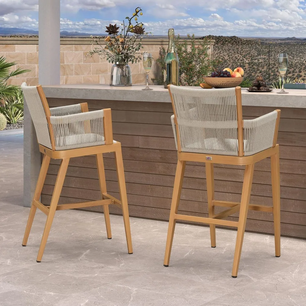 

Outdoor Bar Height Stools Set of 2 Modern Bar Chairs with High Back and High Armrests Outdoor Aluminum Woven Rattan Barstools