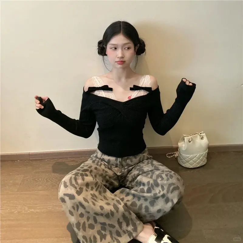 

2025 Fall/Winter New Korean Pure Desire Lace One-Shoulder Long Sleeve T-Shirt Women's Autumn Design Niche Bow Slim Short Top