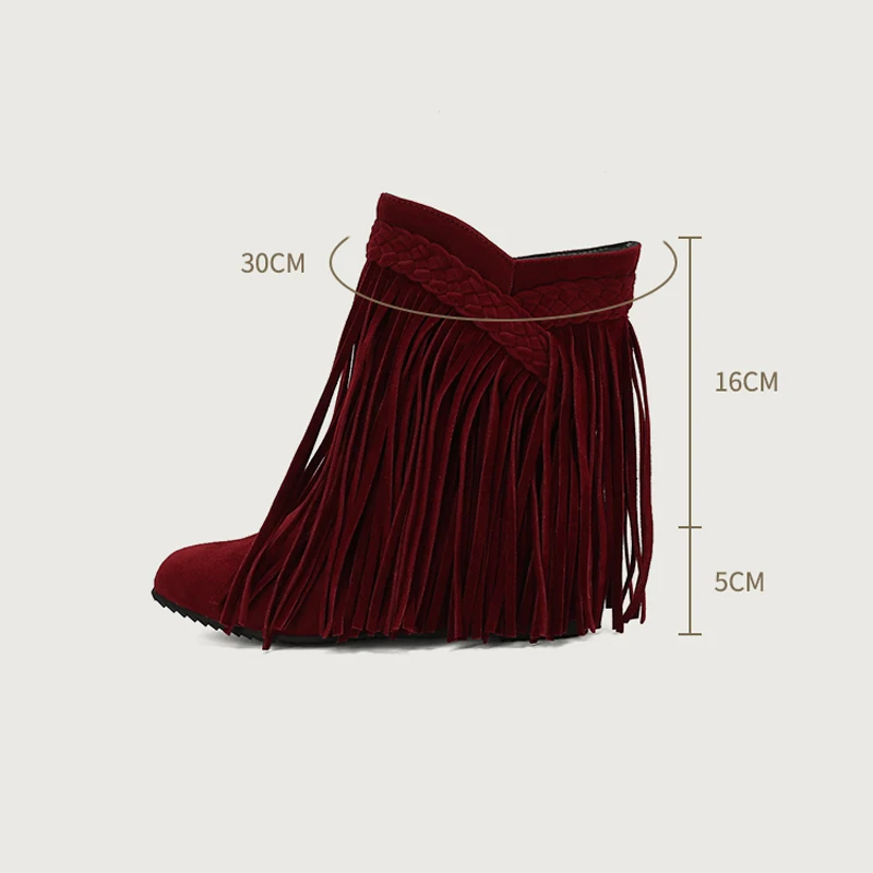 Bohemian Gypsy Boho Ethnic National Women Tassel Fringe Faux Suede Inner Increased Ankle Boots Girls Flat Shoes Short Booties 45