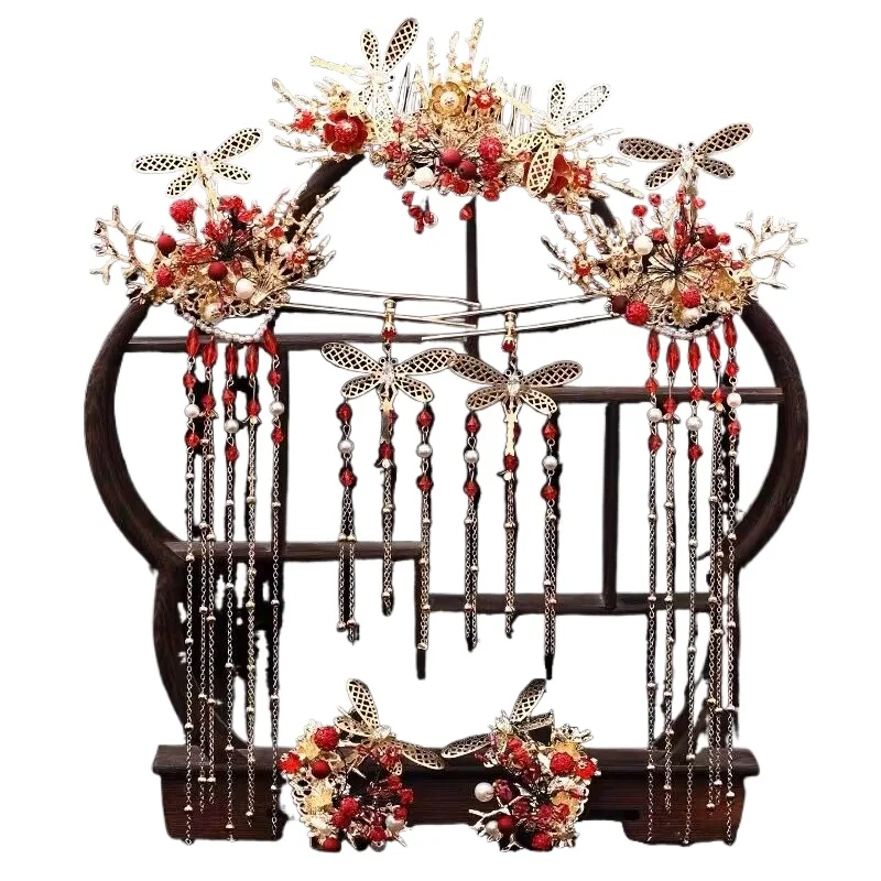 chinese-wedding-show-clothes-hair-accessories-set-dragonfly-court-wedding-headgear-retro-phoenix-crown-headgear