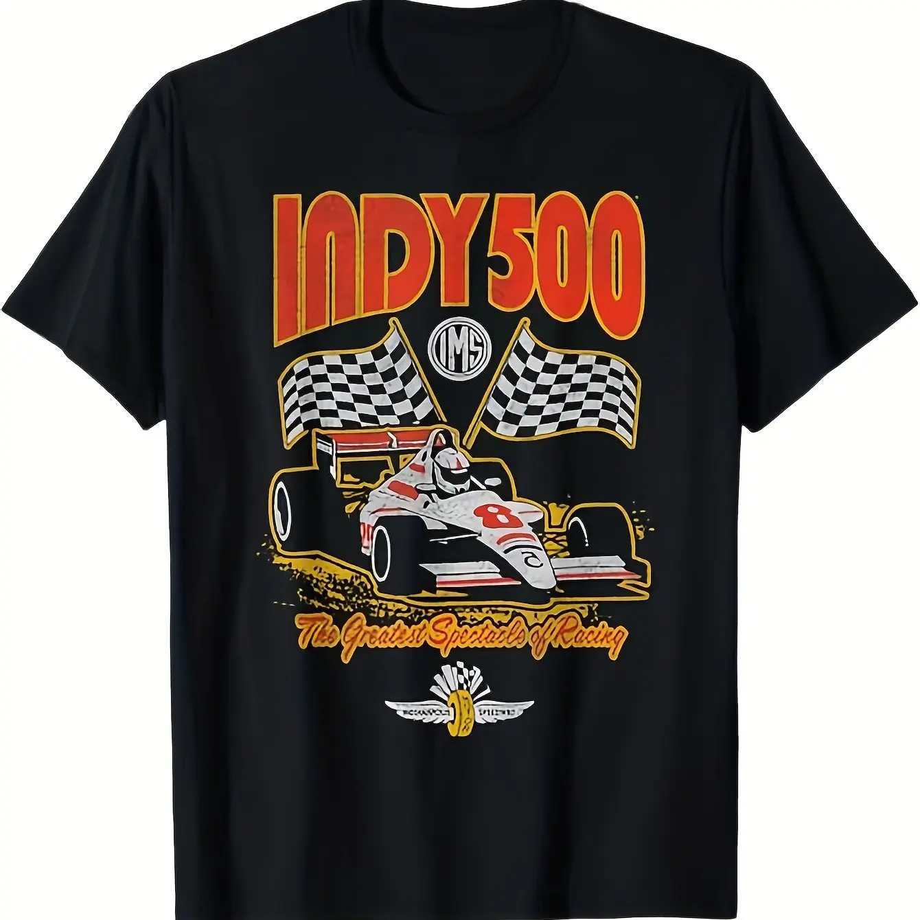 

Vintage Indianapolis 500 Distressed Graphic T-Shirt Black Retro Racing Tee with Checkered Flags Race Car Design Relaxed Fit
