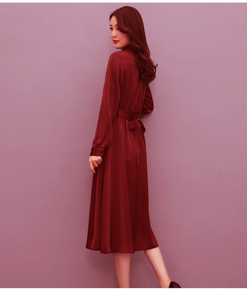 Luxury Silk Women's Dress Simple and Elegant Long-Sleeved Shirt-style Mid-Length Dress Business Casual Wear Soft Comfortable