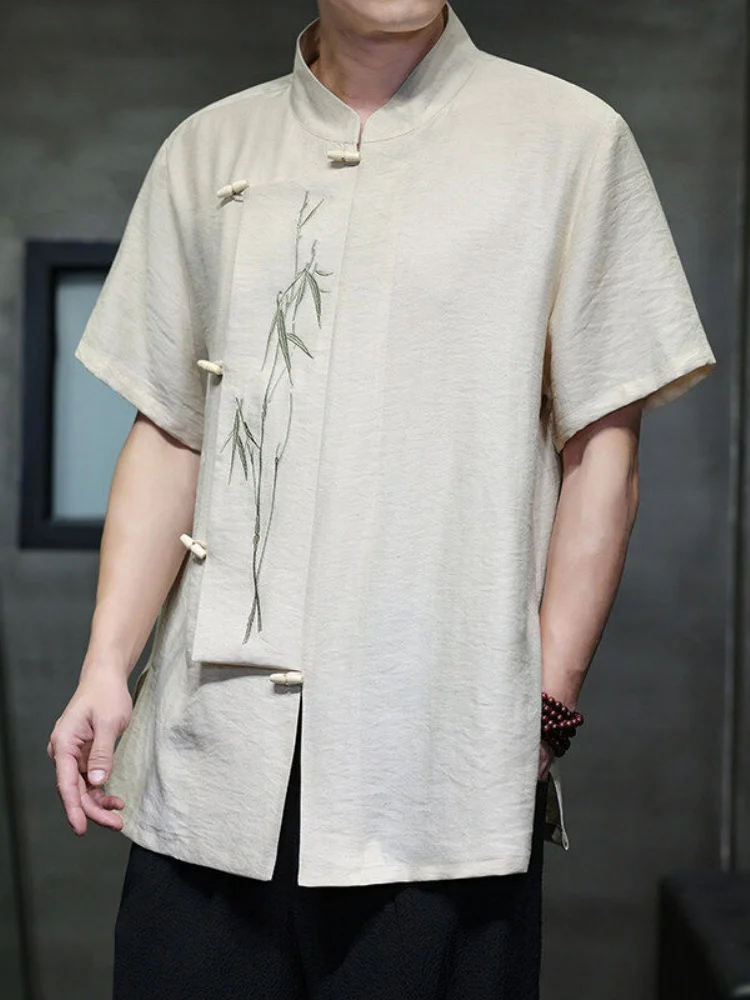 

Cotton Linen Blend Men's Shirt Summer Thin Ice Silk Short Sleeve New Chinese Style Side Button Tang Costume Lay Brother Tea C...