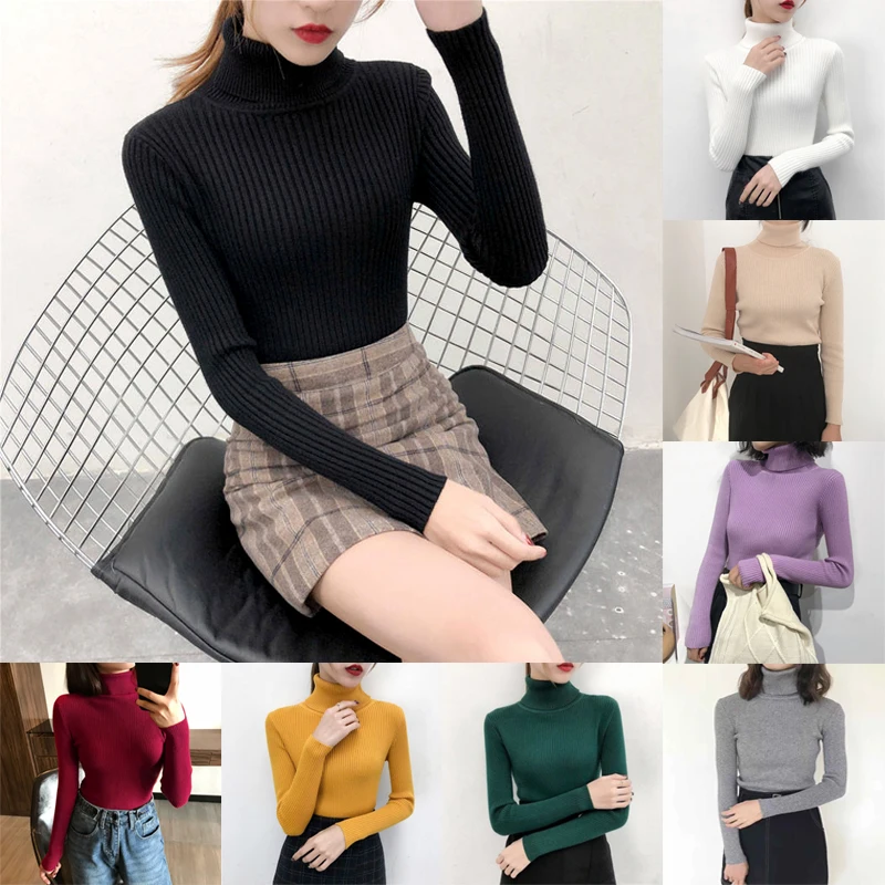 

14 Colors Elastic Turtleneck Knitted Long Sleeve Slim Pullovers Women Autumn Spring Daily Outdoor Underpinning Sweater