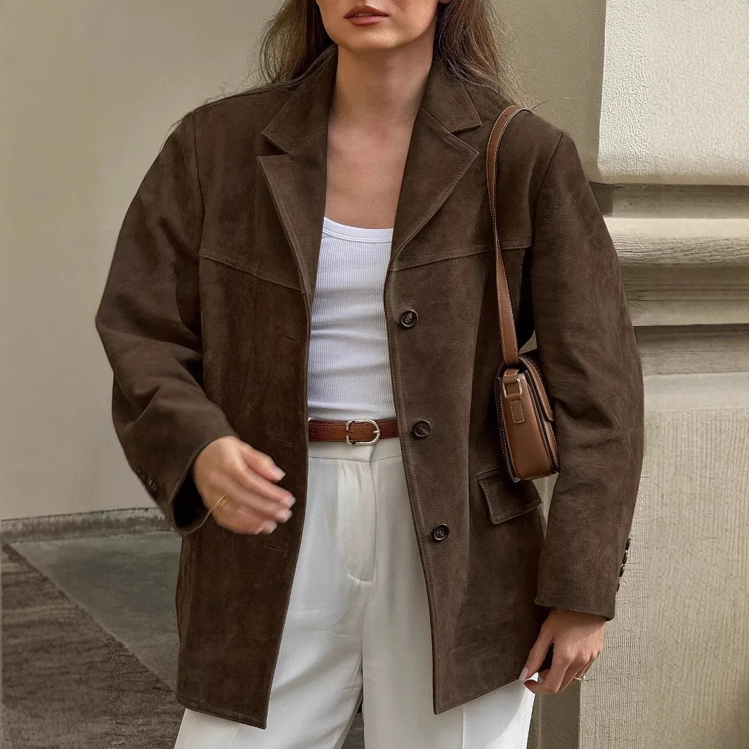 

Fashion Brown Jacket For Women Elegant Lapel Long Sleeve Coats Vintage Autumn Lady Street Outerwear