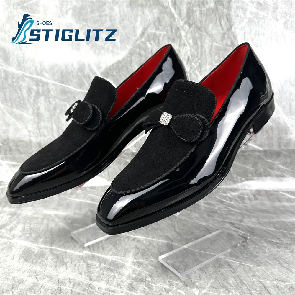 British Style Patent Leather Men\'s Shoes Bowknot Black Shallow Loafers High Quality Flat Square Toe Wedding Office Formal Shoes