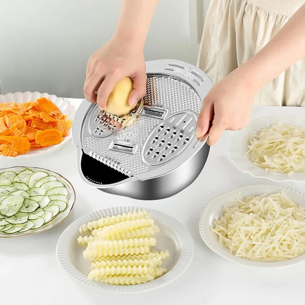 Cuenco colador para lavadora de arroz con rallador, colador de enjuague de acero inoxidable 304 4 en 1 con escurridoras laterales y cortes rebanadores, Colan de cocina