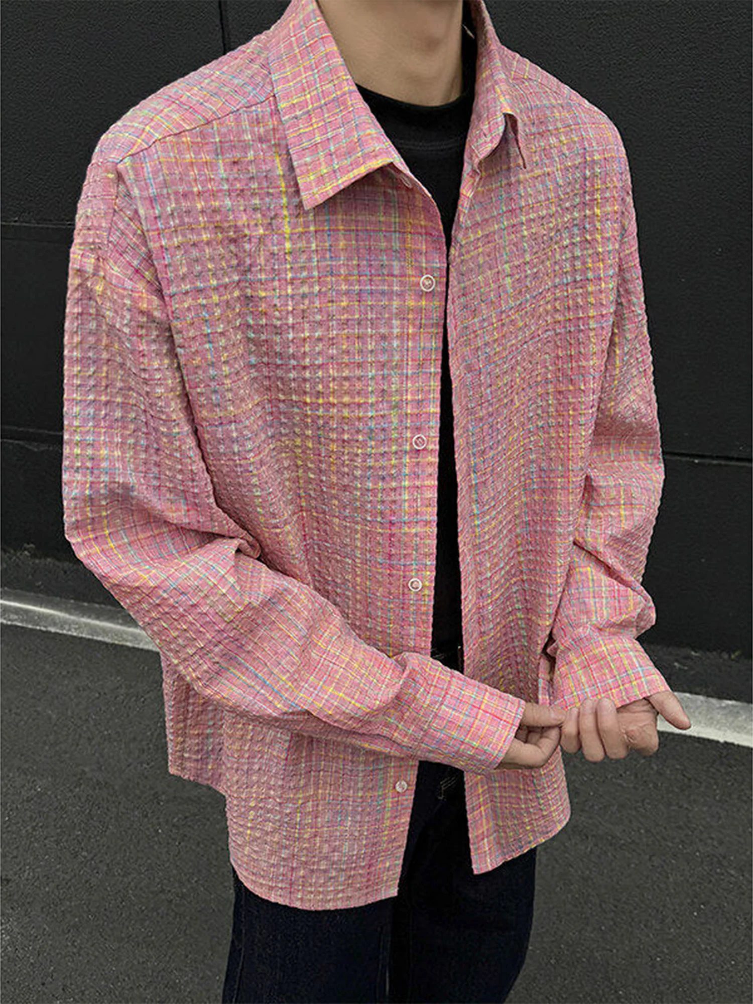 

Pink Plaid Bubble irt Men's Long Sve American Retro Casual irt Autumn Outerwear High-End Feeling Upper Body Loose Fit