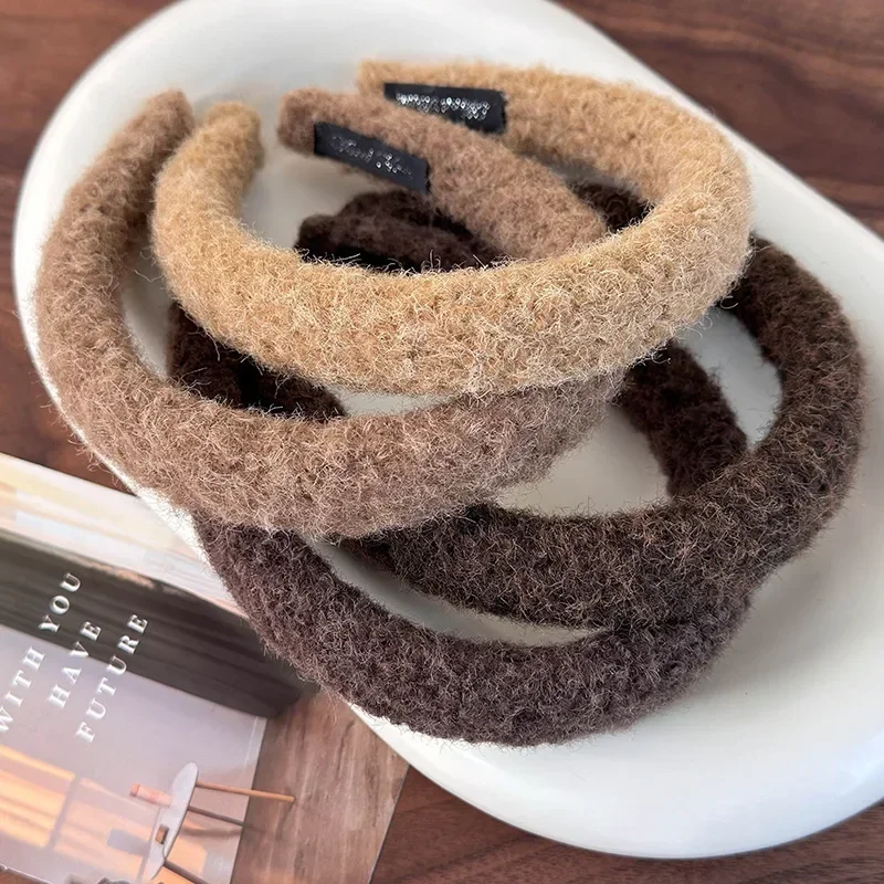 Autumn Winter Coffee Color Plush Headband Wool Sponge Hair Band For Women Girl Simple Elegant Hair Hoop Fashion Hair Accessories