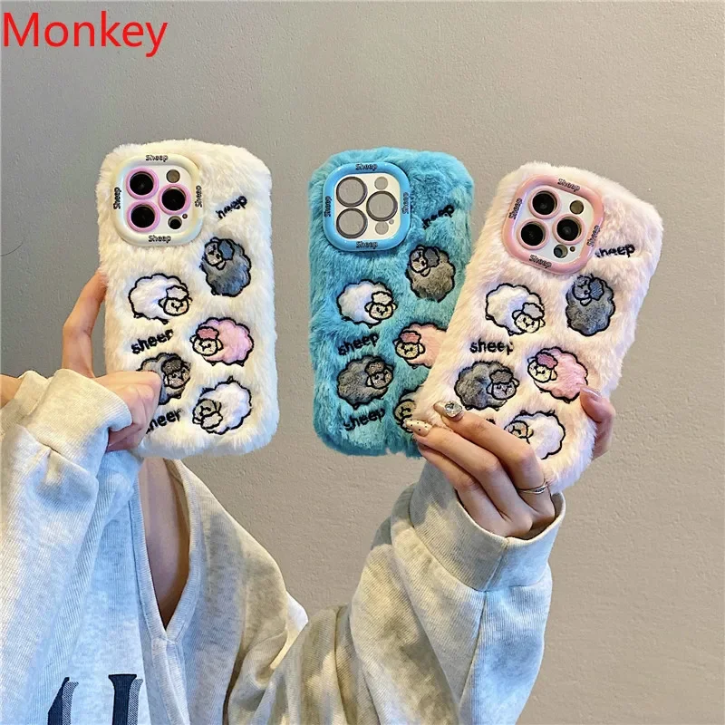 3D Cute Plush Embroidery Sheep Kickstand Case For iPhone 16 Pro Max 15 14 Plus 13 12 11 Fluffy Soft Phone Cover With Fold Holder