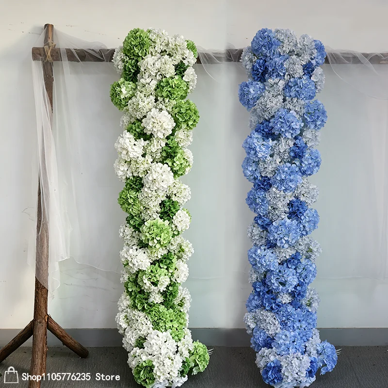 Grün-Weiß-Blaue Hortensien Künstliche Blumenreihe Hochzeitsbogen Blumenläufer Hintergrundwand Requisite Hochzeitszeremonie Gangdekoration – Detail 1