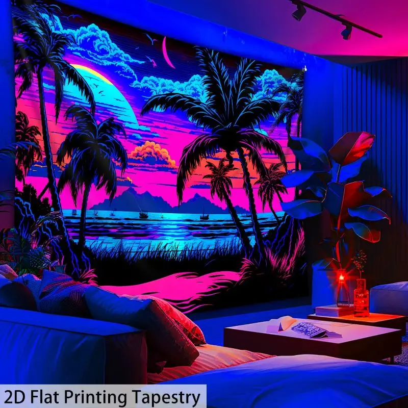 VIKAMA Neon Palm Tree Tapestry, Retro Beach Landscape Wall Hanging, Aesthetic Bedroom Esports Room Decor