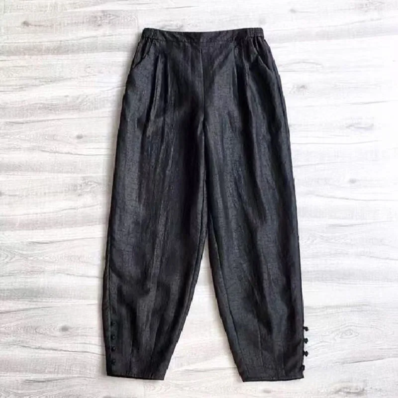 

Черные шелковые шаровары в виде черепахи, женские литературные брюки до щиколотки, пряжа, брюки с эластичной резинкой на талии и карманами шелковицы