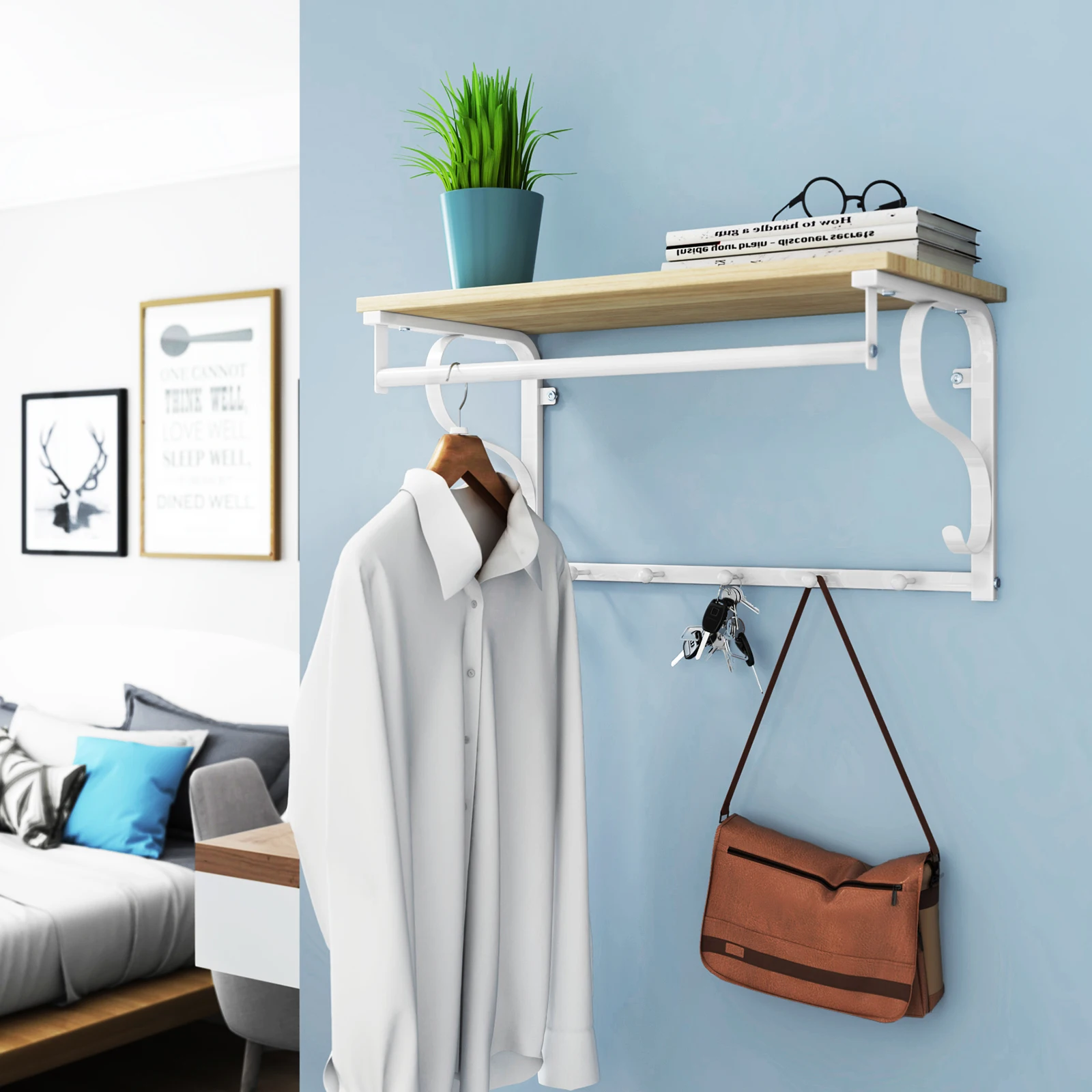 VASAGLE Wandgarderobe, Wandregal mit 5 Haken, 60 x 30 x 31,7 cm (L x B x H)