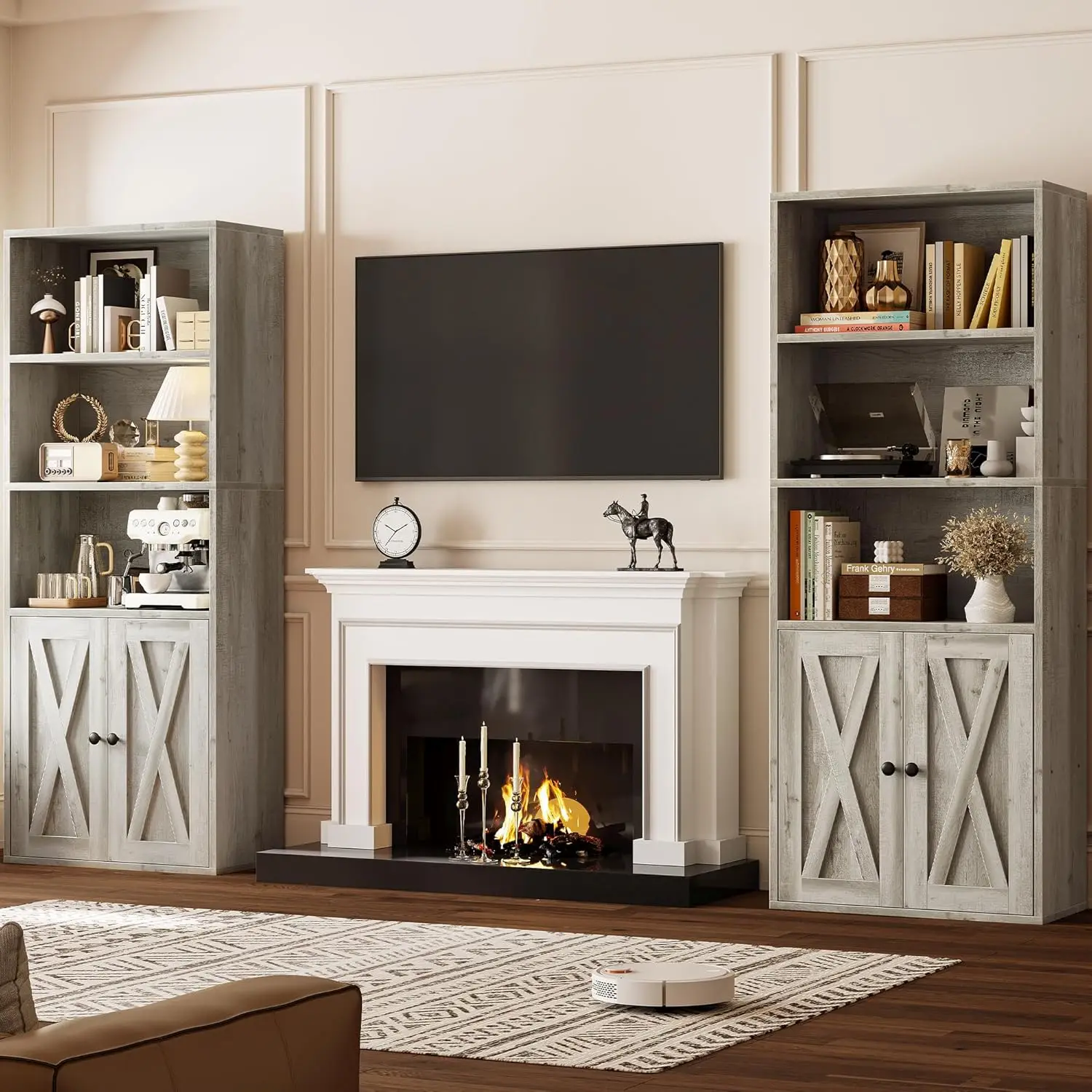 أرفف الكتب الصناعية IRONCK وخزائن الكتب مع الأبواب 11.8 بوصة مجموعة عمق من 2 أرضية واقفة و5 أرفف تخزين للعرض