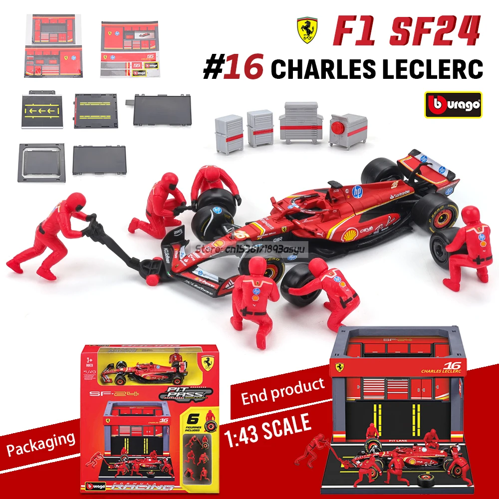 Bburago 1:43 2024F1 DIY Pit House coche en miniatura de aleación Ferrari SF24 # 16Charles Leclerc # 55Carlos Sainz Toro Rojo Mclaren Mercedes Benz