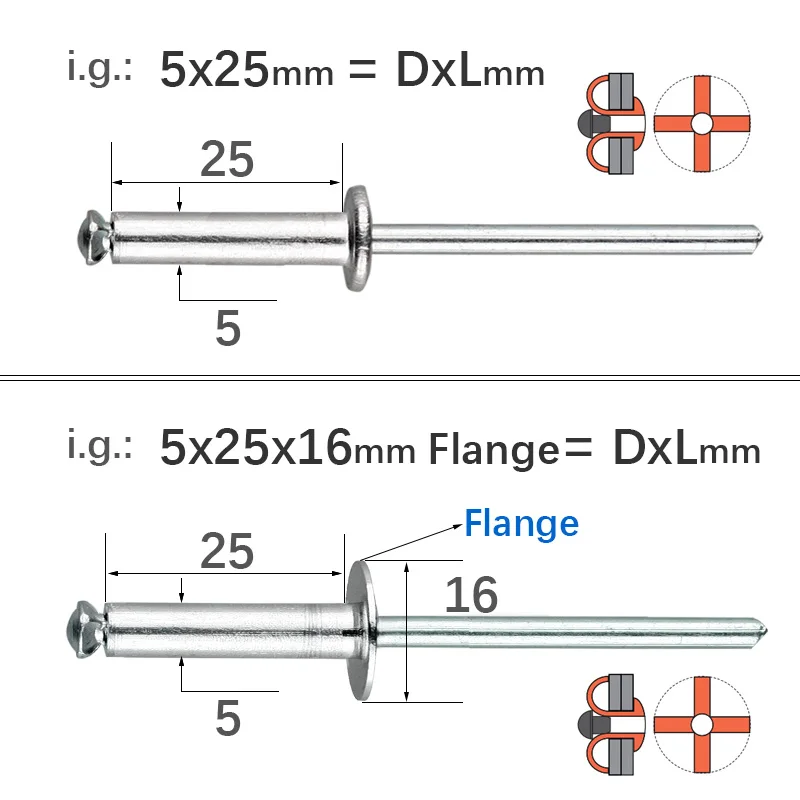 30/50 pezzi Rivetto cieco in alluminio che tira rivetti Rivetto in alluminio 3.2 4.0 5.0mm