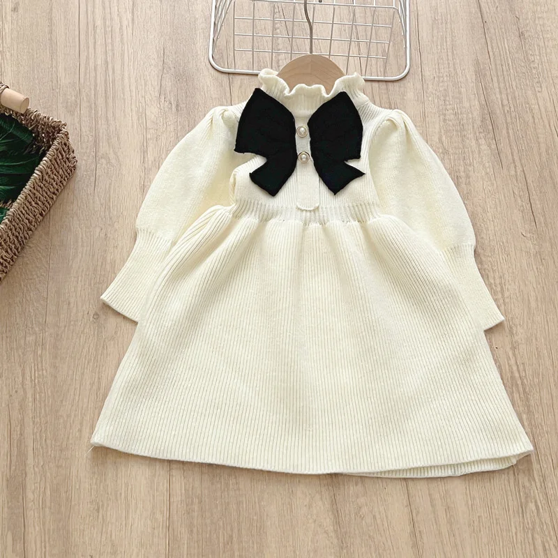 Girl\'s Bow Sweaters Dresses Children\'s Autumn Fashion Elegant knitted Gown New Kids Casual Knit Clothes Princess Warm Vestidos