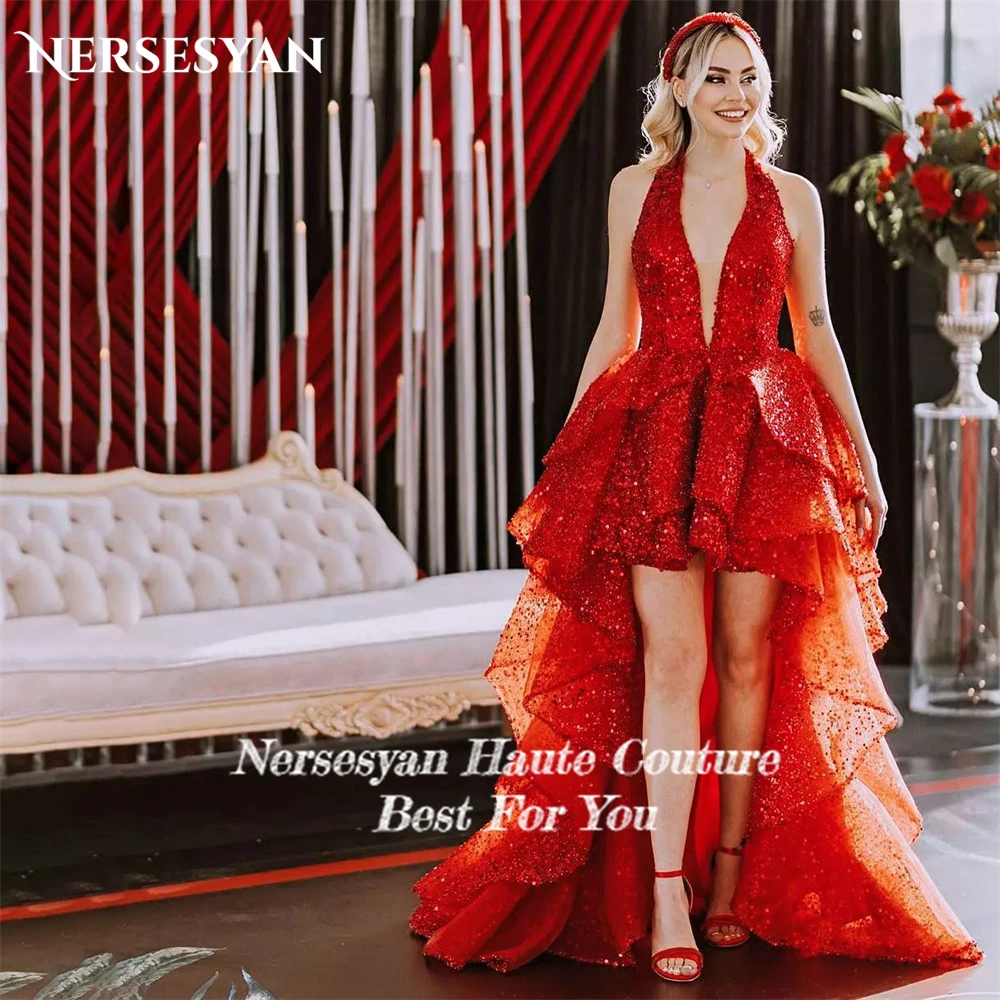 Nersessuperb-Robes de mariée à paillettes rouges sexy, col en V profond, licou, patients hauts et bas, quel que soit le volants à plusieurs niveaux, robe de mariée A-Line avec perles