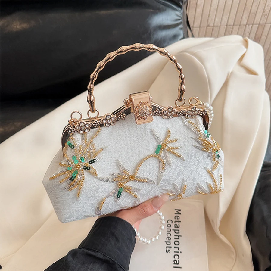 

Bead Embroidery Design Top Handel Bags Beaded Chain Women Shoulder Crossbody Bag Lock Shell Small Square Bag Purses Handbags Sac