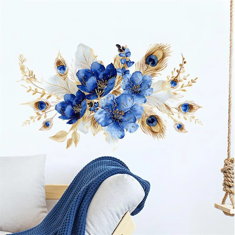 1PCS Watercolor Blue Flower Wall Sticker For Bedroom Living Room Home Background Wall Decoration Self-Adhesive Wholesale 24*39CM