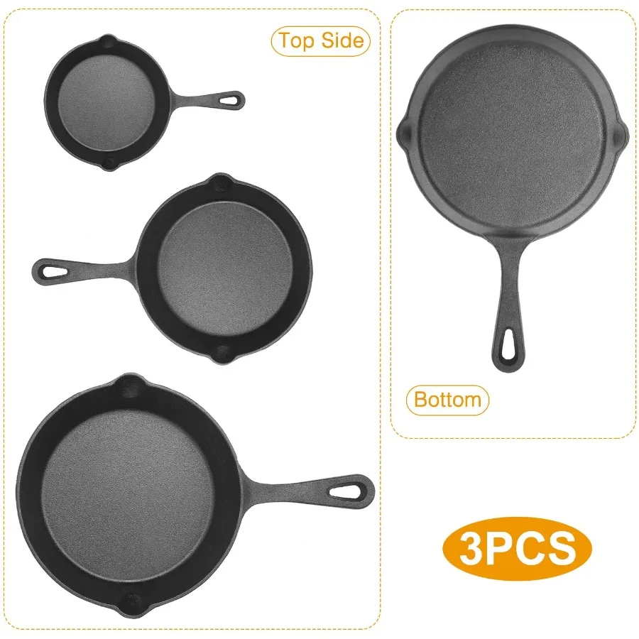 3Pcs Pre-Seasoned Cast Iron let Set 6 8 10in Non-Stick Oven Safe Cookware Heat-Resistant Frying Pan