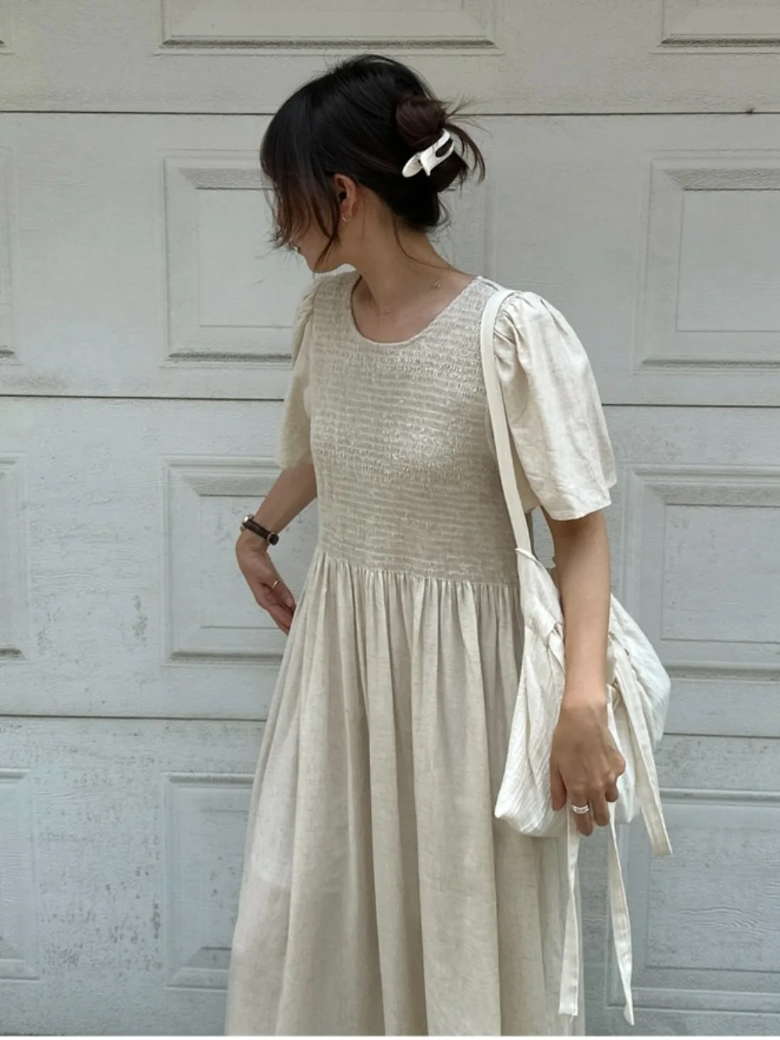 Retro semplice giuntura pieghettata ort Sve Dr donna estate nuova vita coreana cinching colore lungo Dr