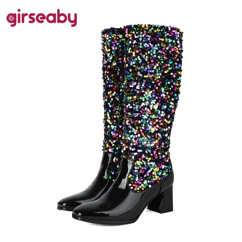 

Женские сапоги на массивном каблуке 1 см, с блестками