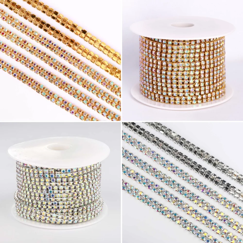 

10Yards SS6-SS16 2-Rows Copper Claw AB Rhinestone Cup Chain Flatback Crystal Sewn On Rhinestones Ornaments For Clothes