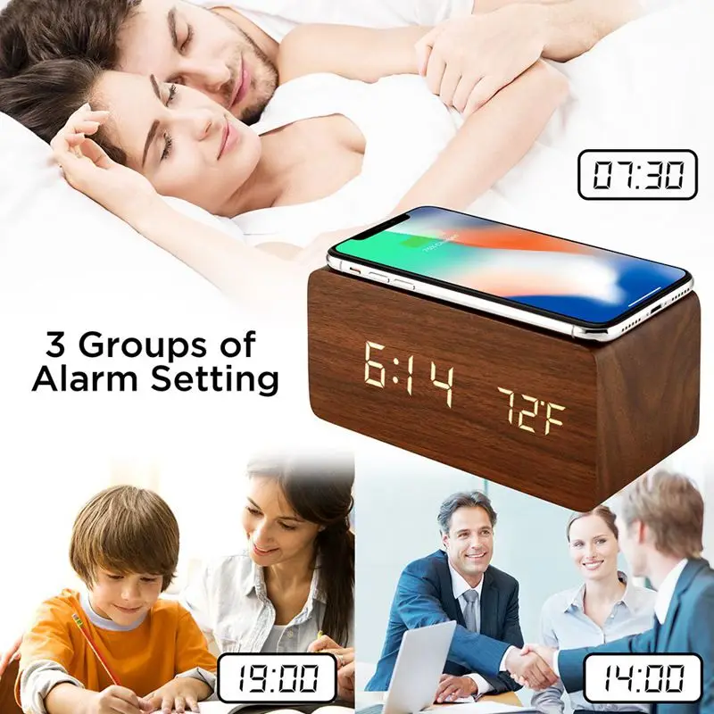 Alarm Clock With Qi Wireless Charging Pad Compatible For Iphone Samsung Wood Sound Control Function LED Digital Table Clock USB