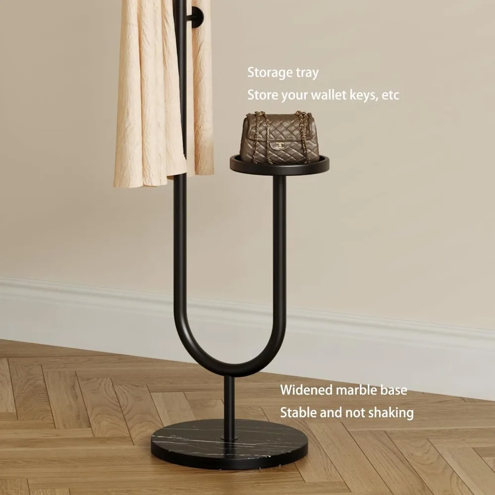 رف معطف معدني قائم بذاته مع 6 خطافات وقاعدة رخامية وصينية تخزين وطول 68.9 بوصة للاستخدام في الردهة