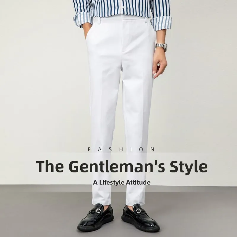 

Large Size Men's Slim Fit Straight Leg Pants Non-Iron Lightweight Casual Trousers Fashionable White Business Suit Pants