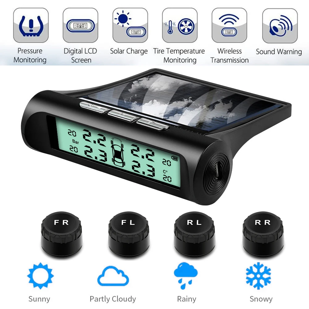 

Tire Pressure Monitoring System TPMS Tire Pressure Monitor System with Solar Charger TPMS with 4 External sensors 5 Alarm Modes