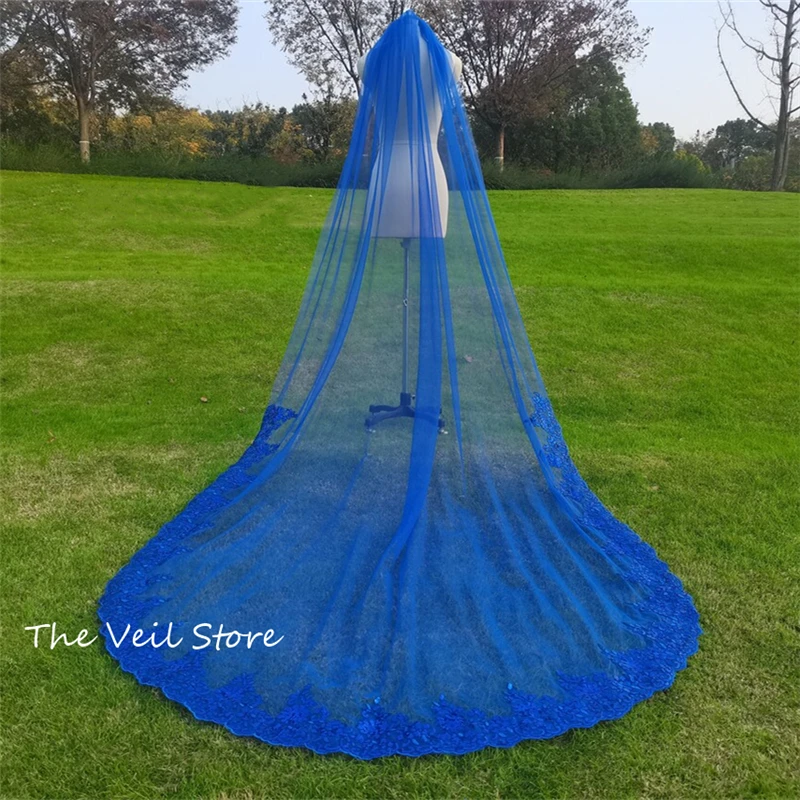 Royal Blue Bridal Veils With Comb Cathedral Single Layer Sequins Lace Edge Trim Wedding Accessories For Brides Long Tulle 3 4 m