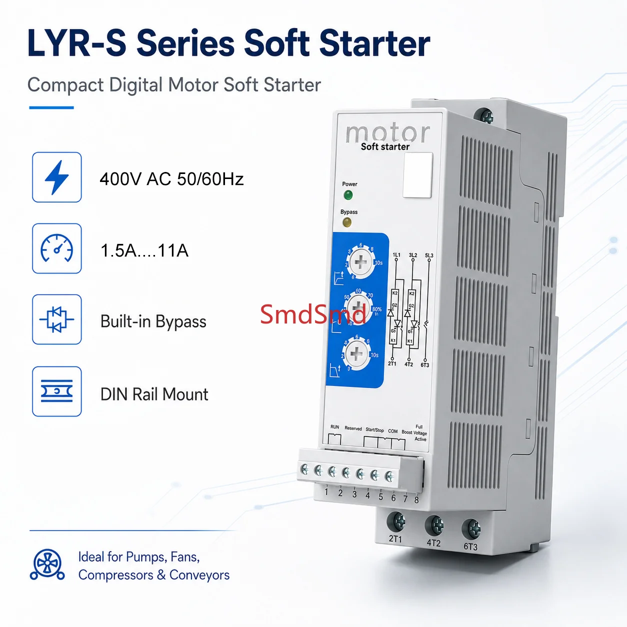 400V Three Phase Soft Starter 0.75kW-7.5kW Built-in Bypass Compact Motor Starter for Pump Fan Compressor
