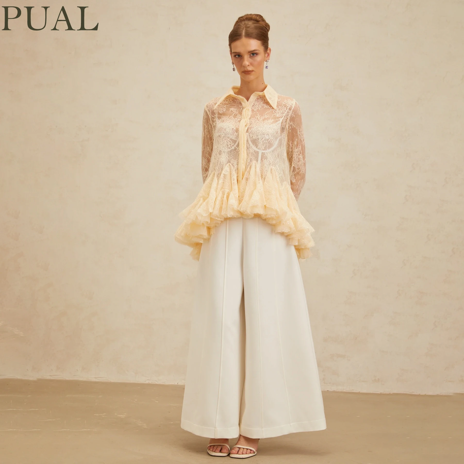 Robe chemise en dentelle transparente sexy PUAL pour femme, collection 2025, manches évasées, ourlet à volants, robe courte pour soirée de fête