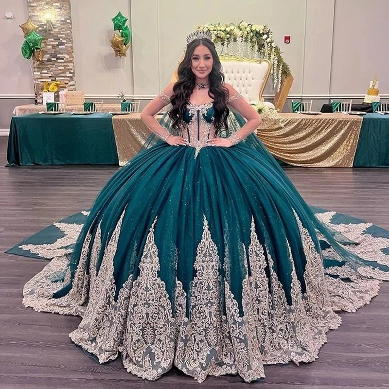 

Emerald Green Quinceanera Dresses Ball Gown Off The Shoulder With Cape Tulle Appliques Puffy Sweet 16 Dresses