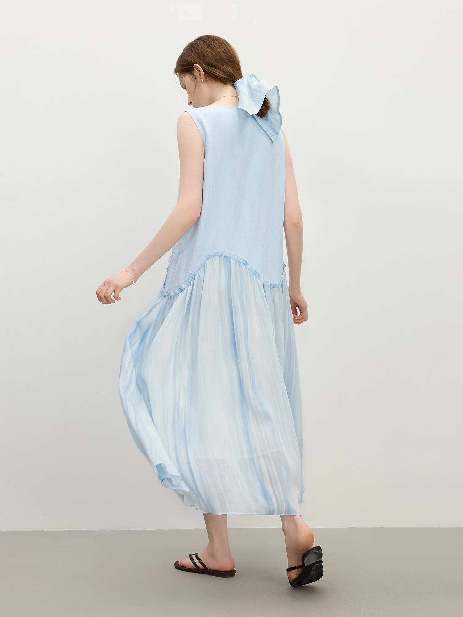 FSLE temporada navideña chaleco azul vestido largo sin mangas para mujer 2025, novedad de verano, vestido de vacaciones con costuras 25FS12789