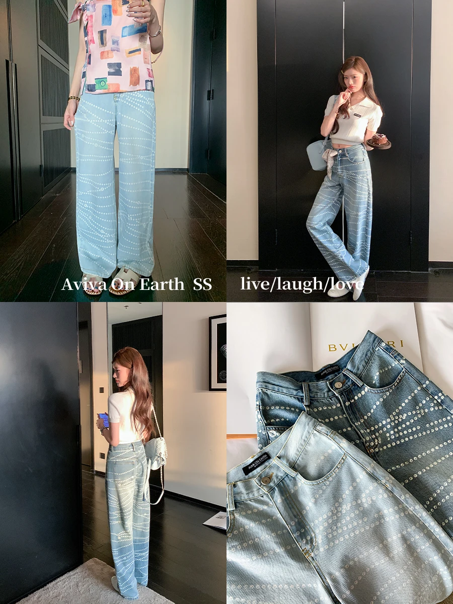Low Waist Loose Fit Thin Denim Jeans Women's Summer Earth Store Design Sensation Pearl Print Wide Leg Pants Casual Sle