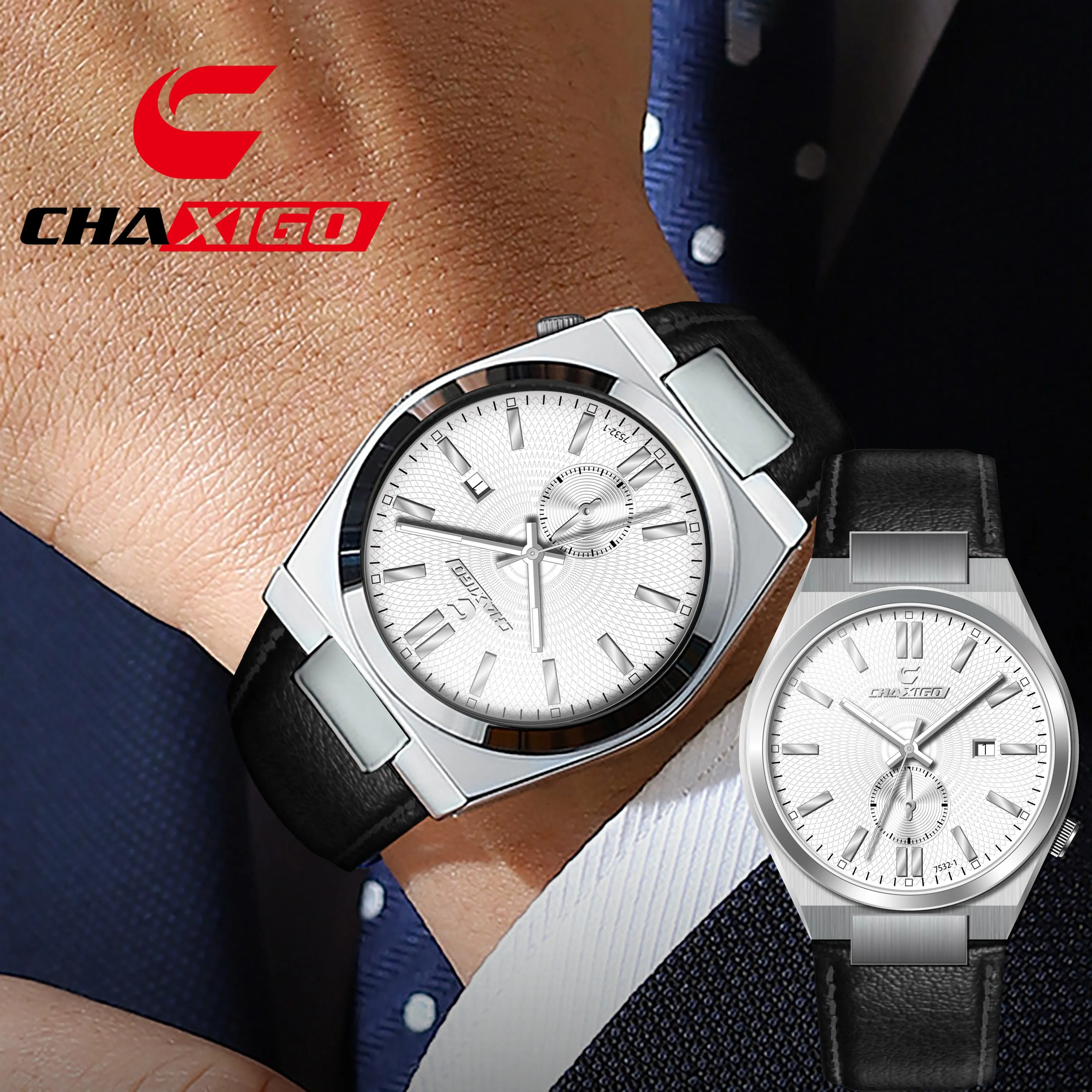 

CHAXIGO Men's Leather Strap Watch, 40mm, Luxury Business Style, Luminous Dial, 30m Water Resistance, Quartz Movement