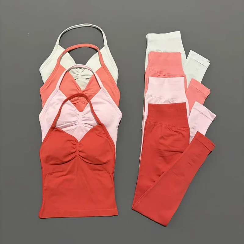 2 قطعة مجموعة رياضية النساء الخطوط الطويلة Strappy ملابس اللياقة البدنية سلس اليوغا مجموعة تجريب Scrunch الصالة الرياضية طماق تشغيل الرياضة مجموعة