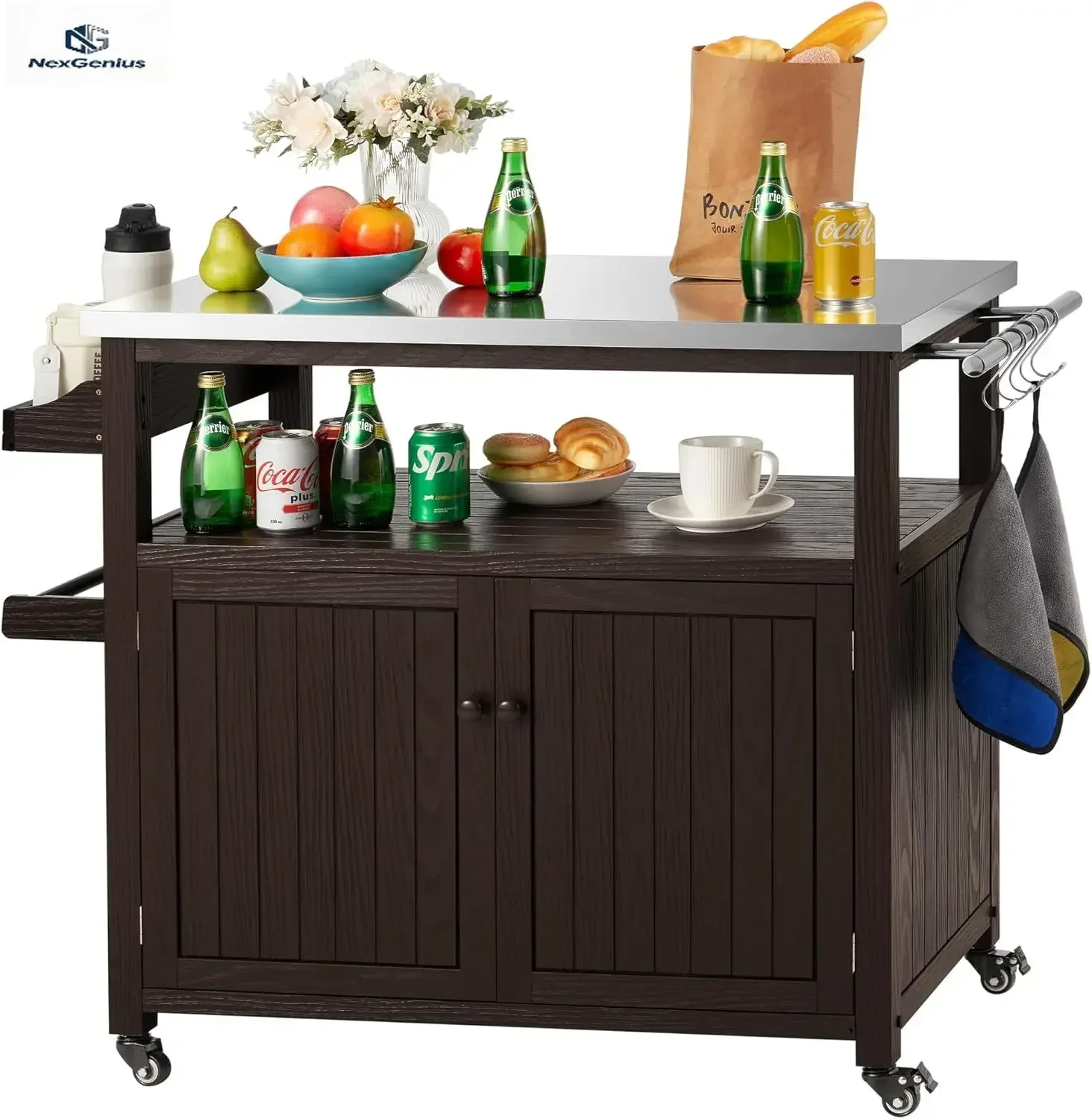 Outdoor Grill Table Solid Wood Storage Cabinet, Rolling Kitchen Island, Movable Bar Cart with Stainless Steel Top for Outside Pa