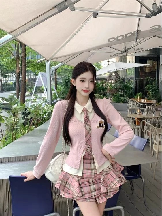 Autumn Korean Style Girl JK  Two Piece Set  high-waisted Plaid Skirt And Faux two-piece Shirt Women Fashionalbe Jk Uniform Set