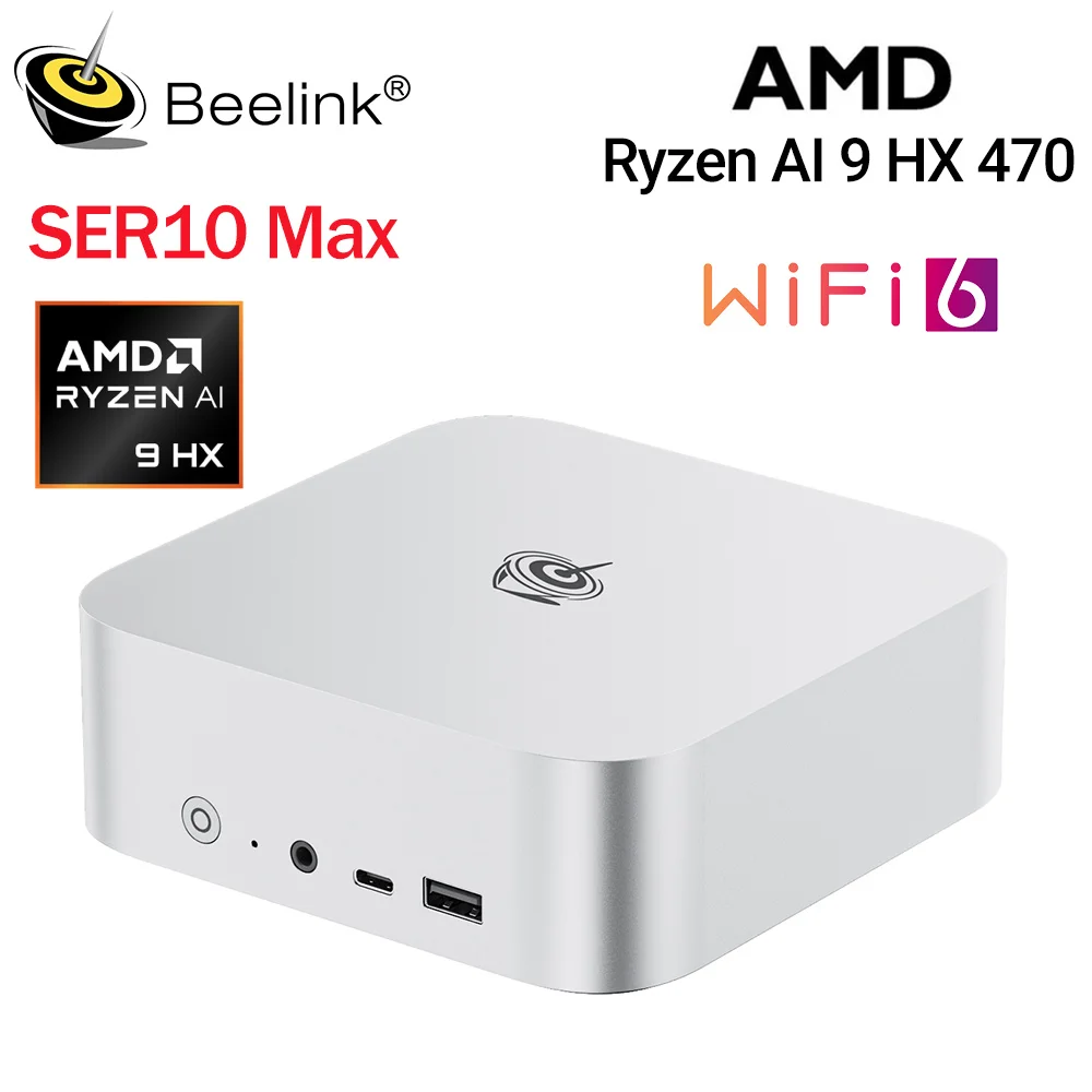 Мини-ПК Beelink SER10 на Windows 11 с процессором Ryzen AI9 HX470, мощный ИИ-компьютер, 32/64 ГБ DDR5, 1 ТБ NVMe SSD, Open Claw, для игр (аналог SER9 HX370)