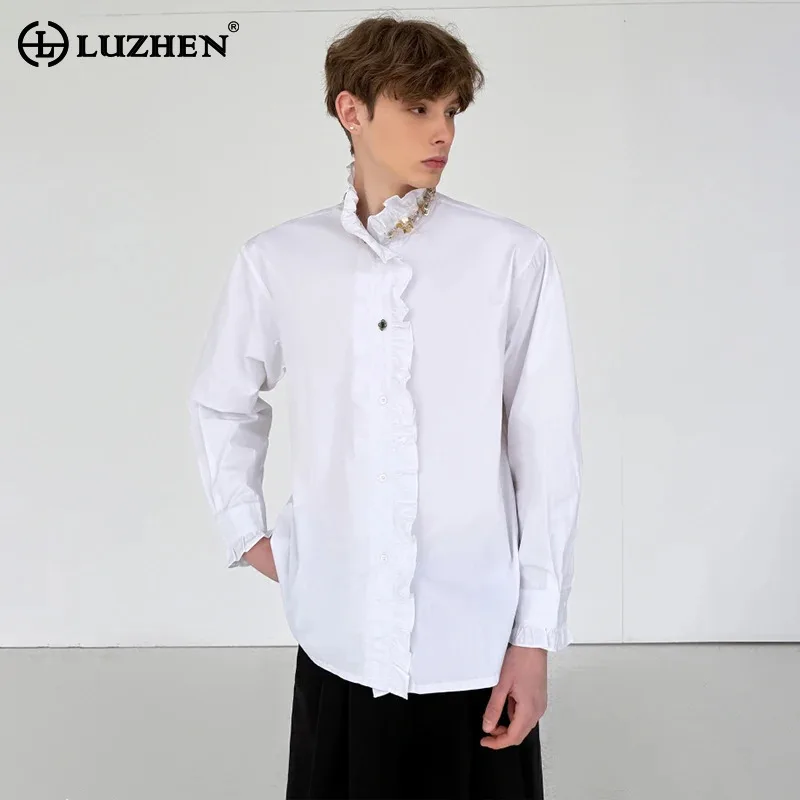 

LUZHEN подставка, оригинальная длинная рубашка с блестками на шее, лоскутная рубашка с рюшами, мужская рубашка с рюшами, новинка 2025 года, однотонные элегантные топы высокого качества JY5575