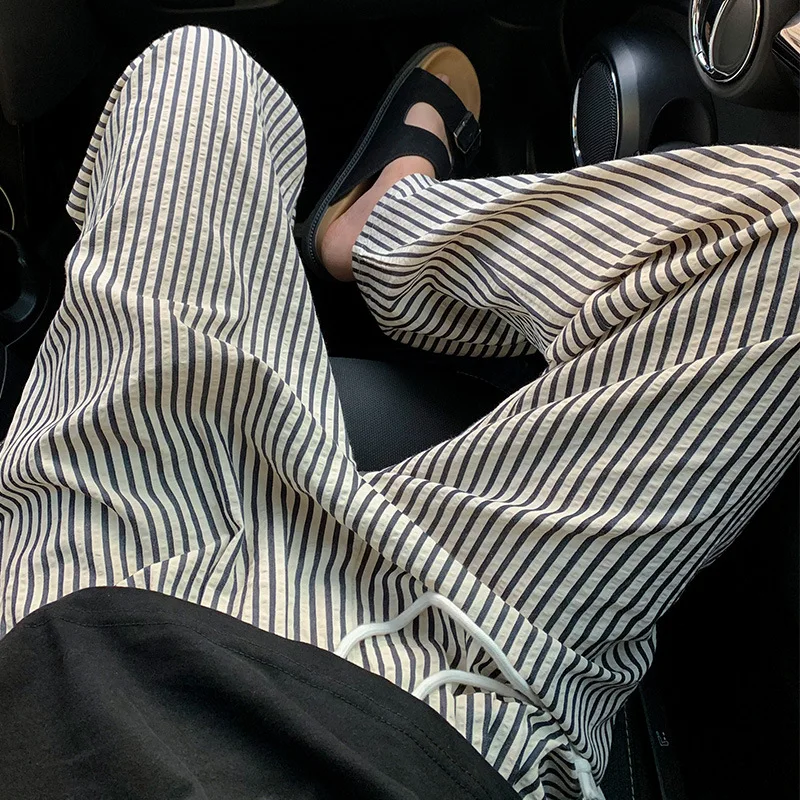 Women Striped Wide Leg Pants Summer New Loose Casual Drawstring Elastic Waist Straight Trousers Women Y2k Lazy Style Streetwear